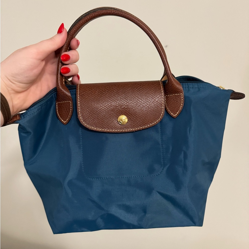Longchamp Le Pliage teal green small nylon tote bag